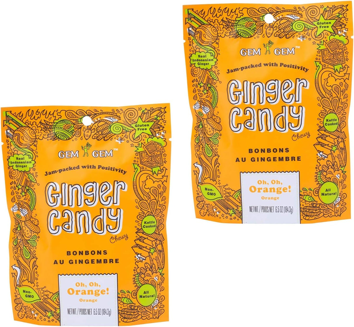 Nutritional and ingredient information on the back of Gem Gem mango ginger chews.