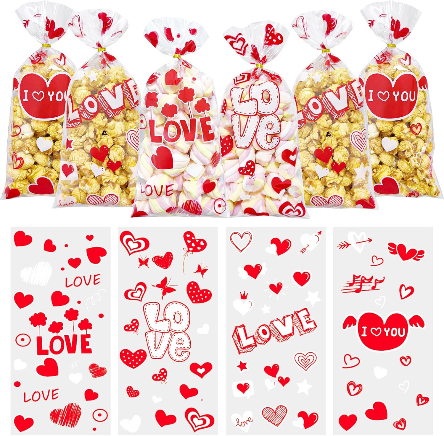 Lhocm Valentines Day cellophane treat bags front view showing red heart patterns.