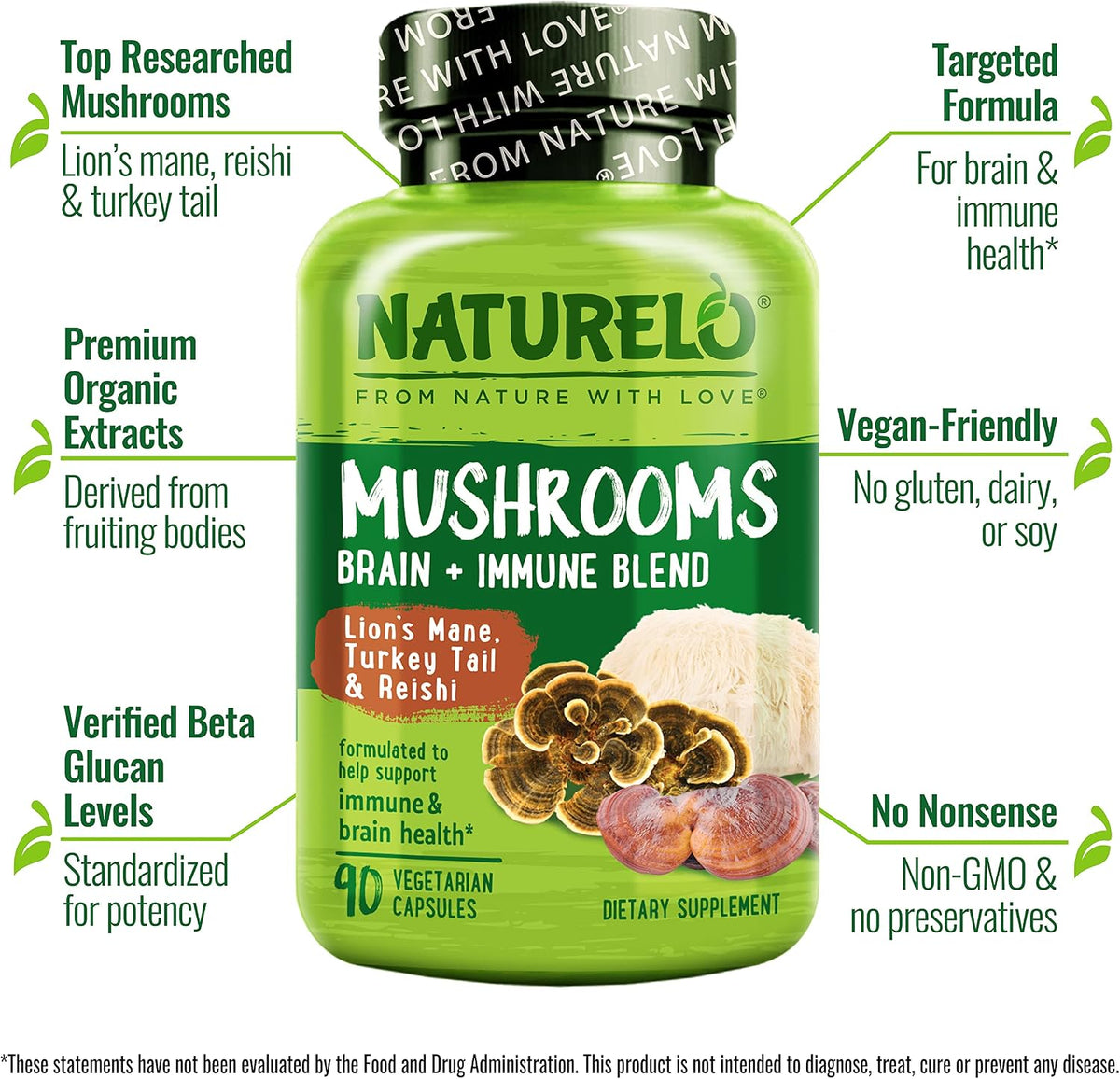 Organic Lion's Mane Reishi and Turkey Tail capsules in container