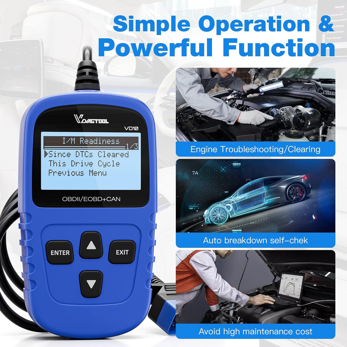 VDIAGTOOL VD10 OBD2 scanner packaged with attached cable