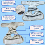 Adjustable grey lizard diaper laying flat to showcase the soft bound edges