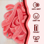 Sour Power authentic imported strawberry sour belts arranged for party dessert table display