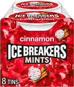 Ice Breakers Sugar Free Cinnamon Mints front view of a pack of eight imported tins