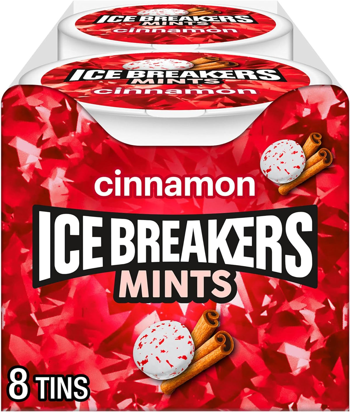 Ice Breakers Sugar Free Cinnamon Mints front view of a pack of eight imported tins