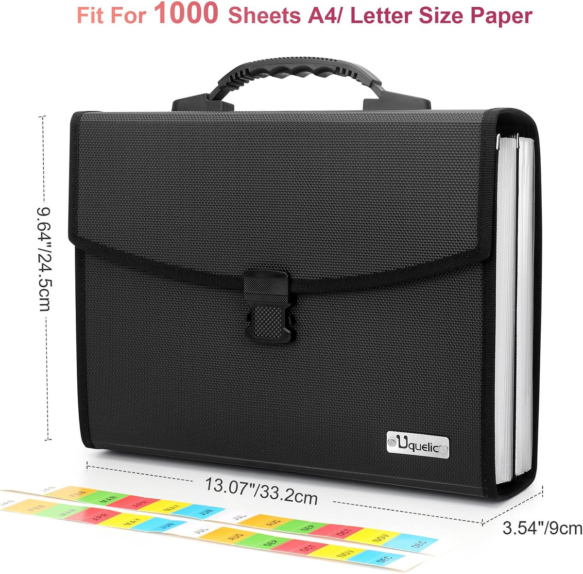 Uquelic file organizer interior with colorful index classification tags