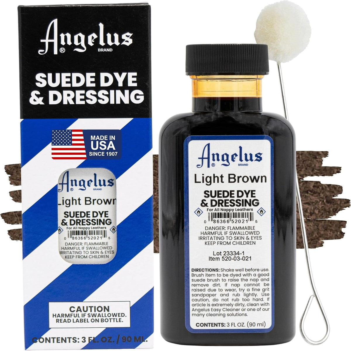 Angelus shoe and boot leather dye packaging overview