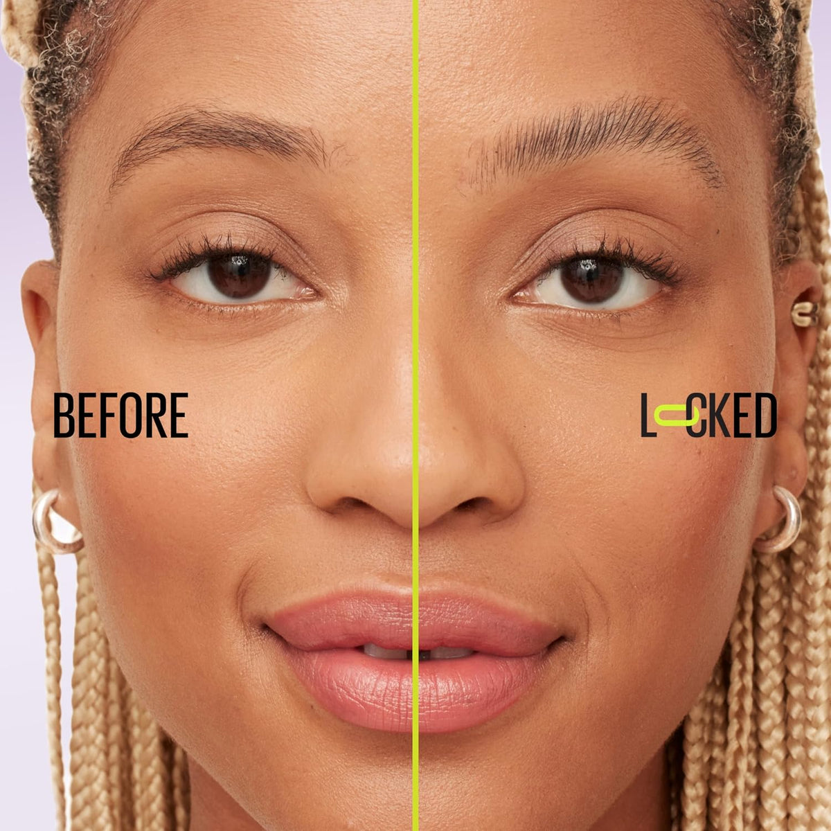 Model wearing groomed eyebrows using Maybelline Super Lock Brow Glue