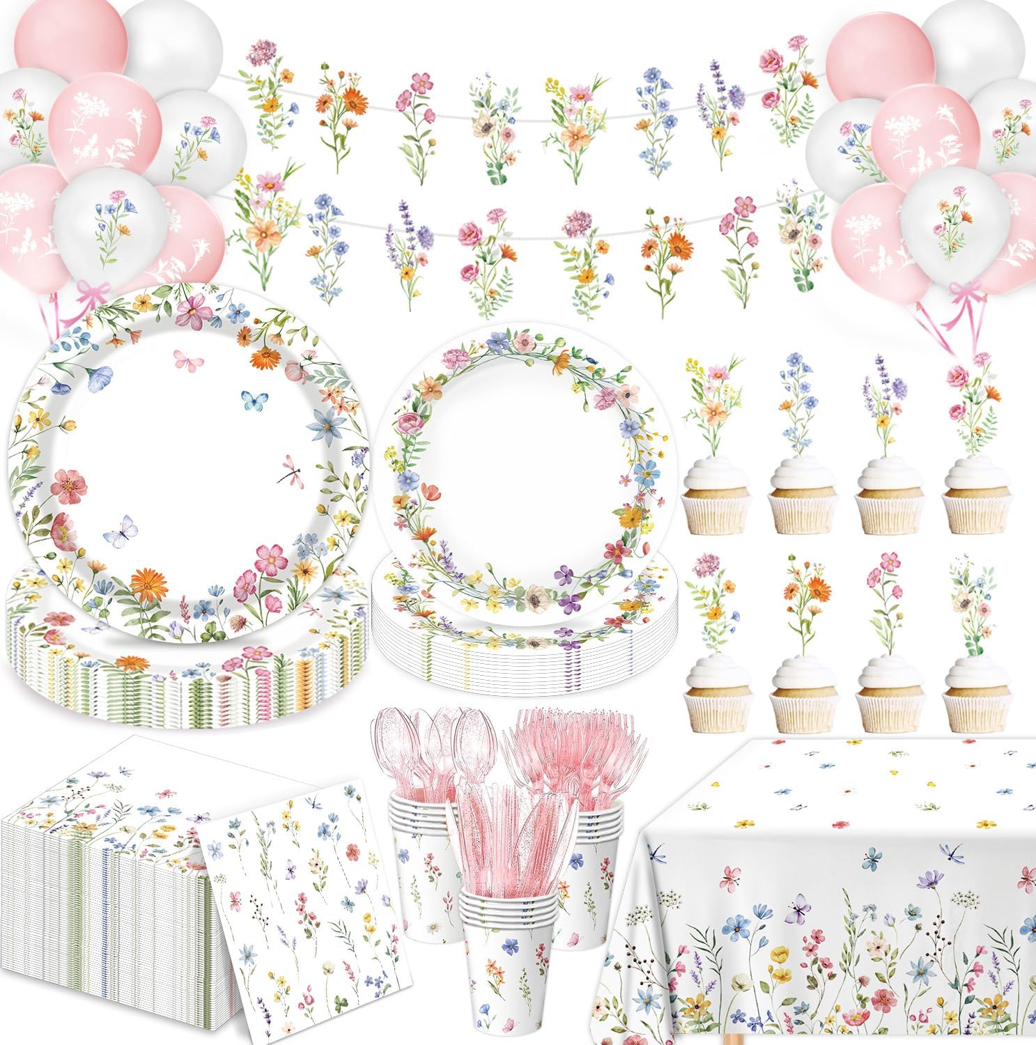 Linhaxm 175 Piece Spring Wildflower Party Decorations set front view