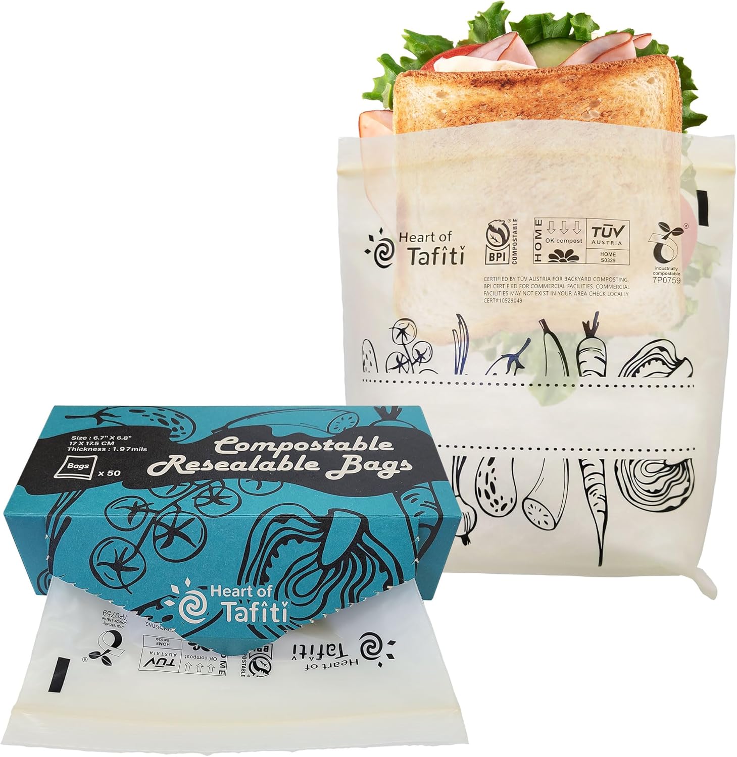 Heart of Tafiti Compostable Sandwich Bags front view showcasing the fifty pack box packaging for eco friendly food storage.