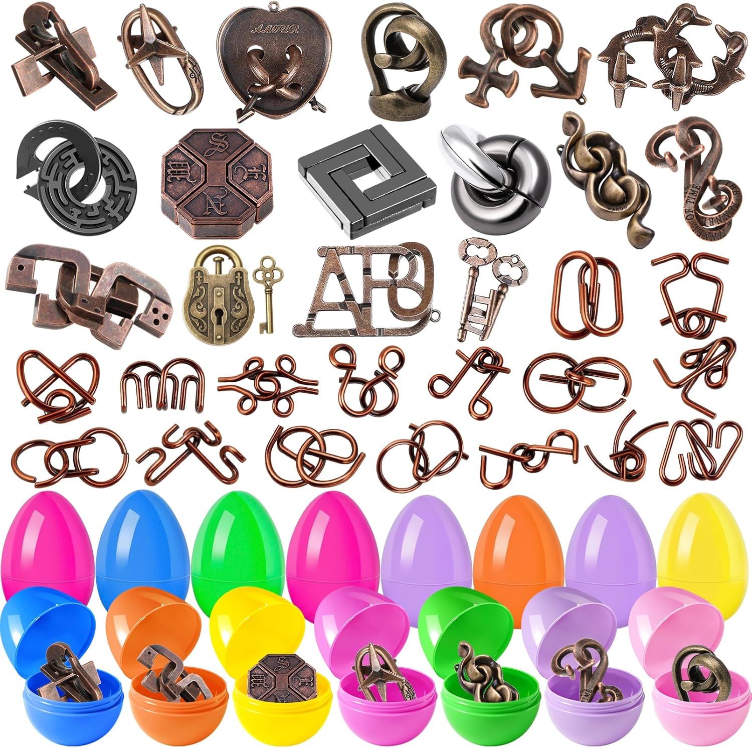 KaKeDuJa brain teaser puzzles packaging front view showing thirty-two colorful plastic eggs and various interlocking metal wire games.