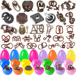 KaKeDuJa brain teaser puzzles packaging front view showing thirty-two colorful plastic eggs and various interlocking metal wire games.