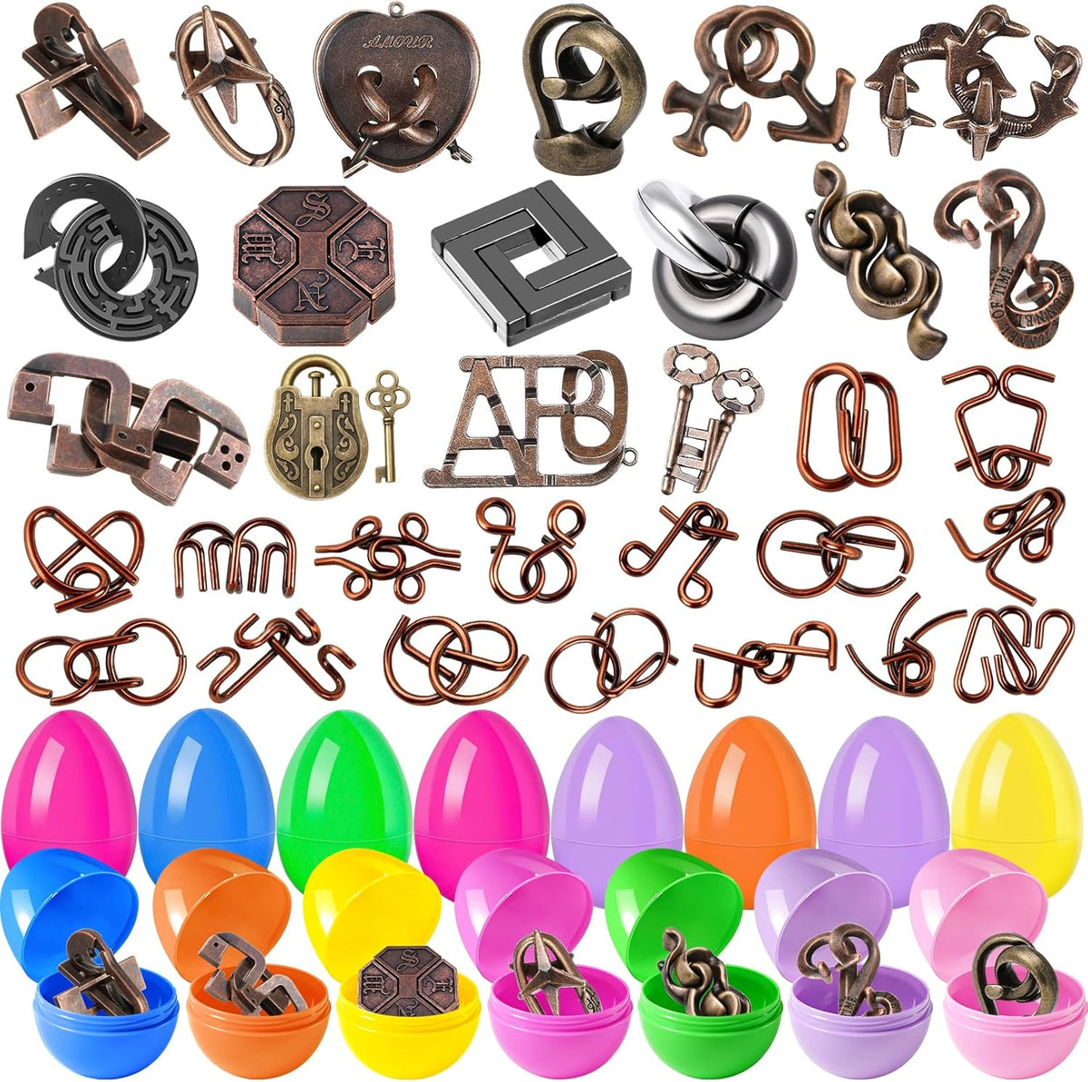KaKeDuJa brain teaser puzzles packaging front view showing thirty-two colorful plastic eggs and various interlocking metal wire games.