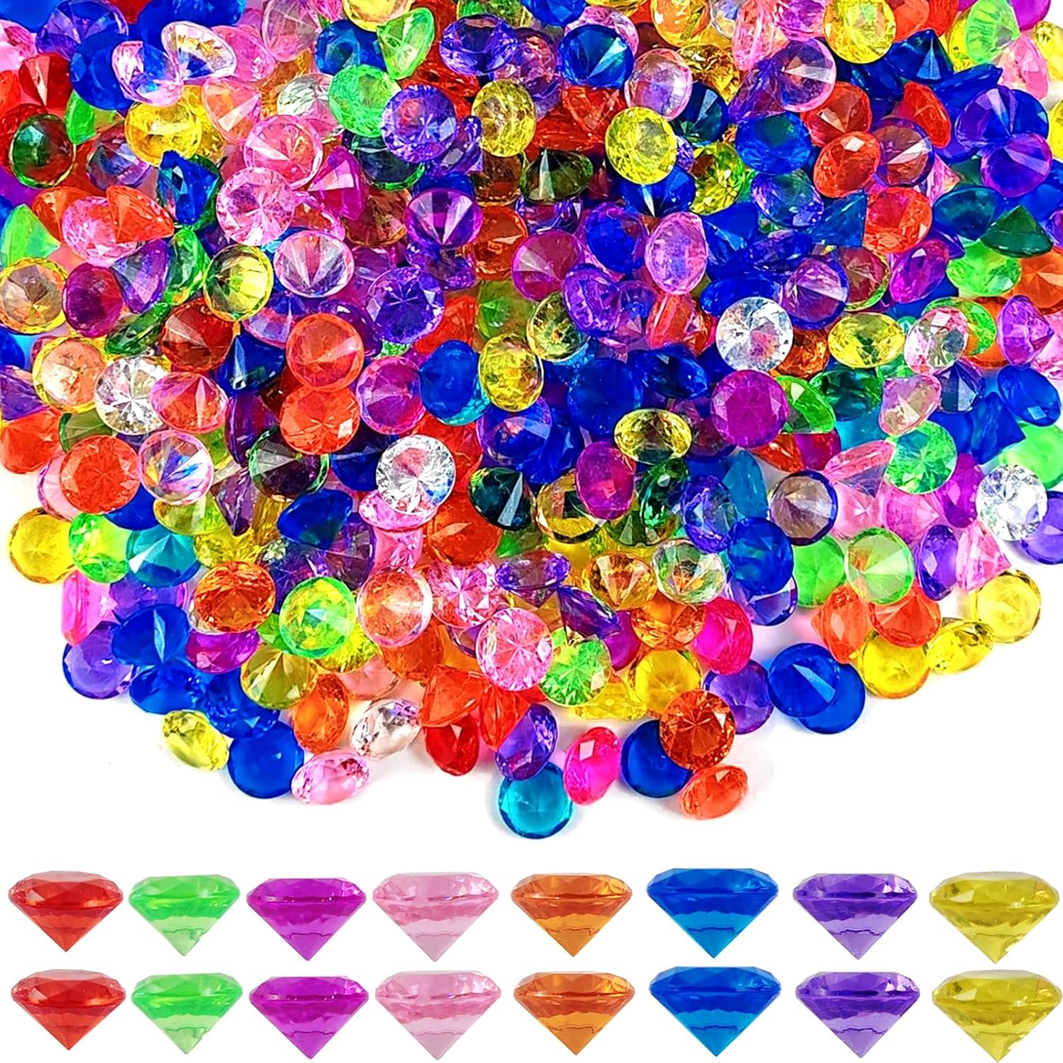ROYHOO pirate treasure gem toys 140 count set front view displaying multicolored acrylic diamonds scattered together