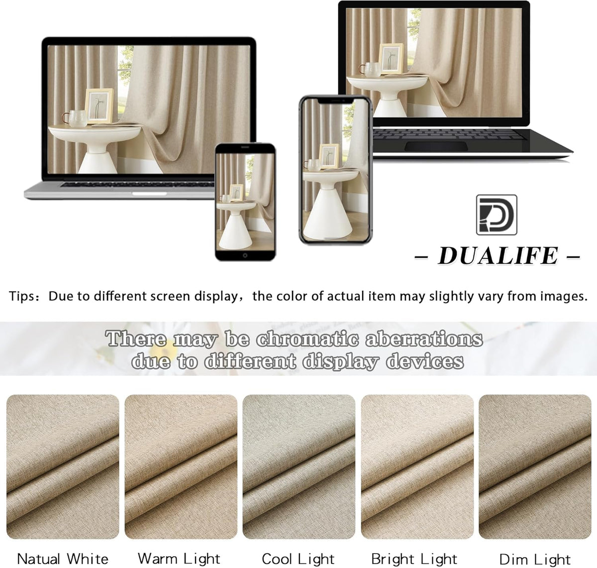 DUALIFE tan brown linen curtains 2 panels set