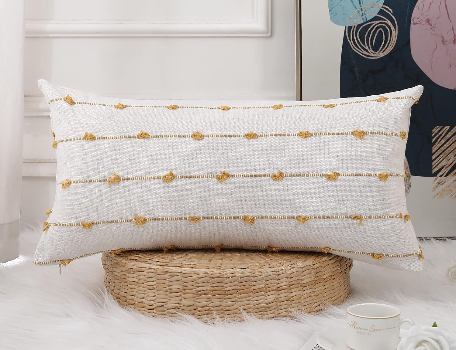 Nuyecy boho long lumbar pillow cover front view in yellow