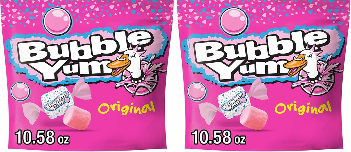 BUBBLE YUM Original Flavored Chewy Bubble Gum Bag standing upright on a clean retail display.
