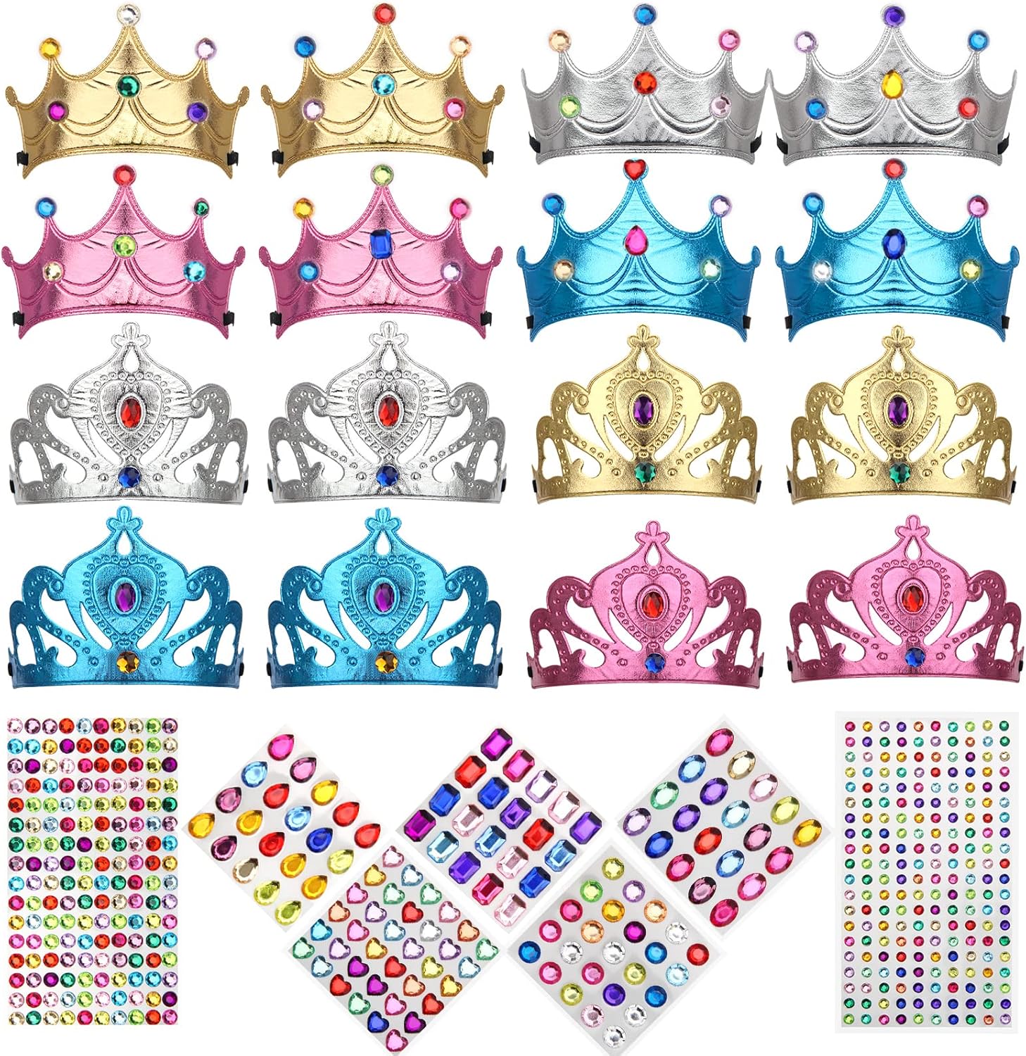 Bettoor foam princess crowns and tiaras diy kit front view showing colorful metallic bases and rhinestone sheets.