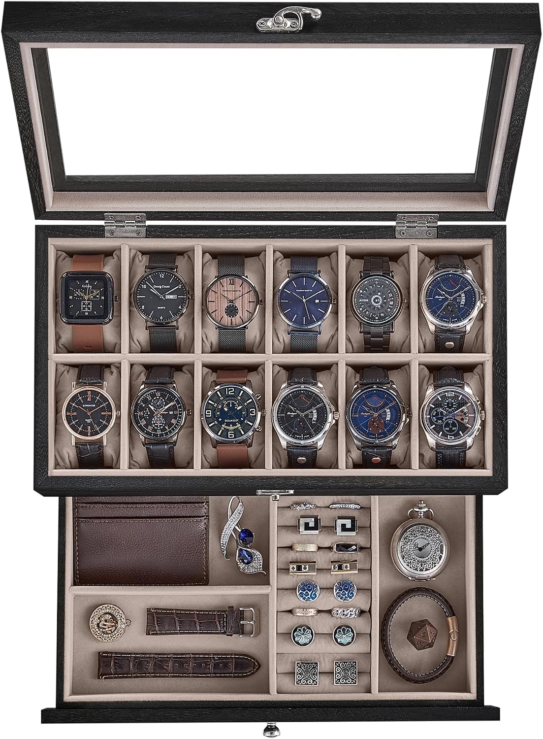 SONGMICS 10-Slot Watch Box, Watch Display Case with Large Glass Lid, Removable Pillows, Velvet Lining, Gift Idea, Rustic Walnut UJOW100K01 - Image 13
