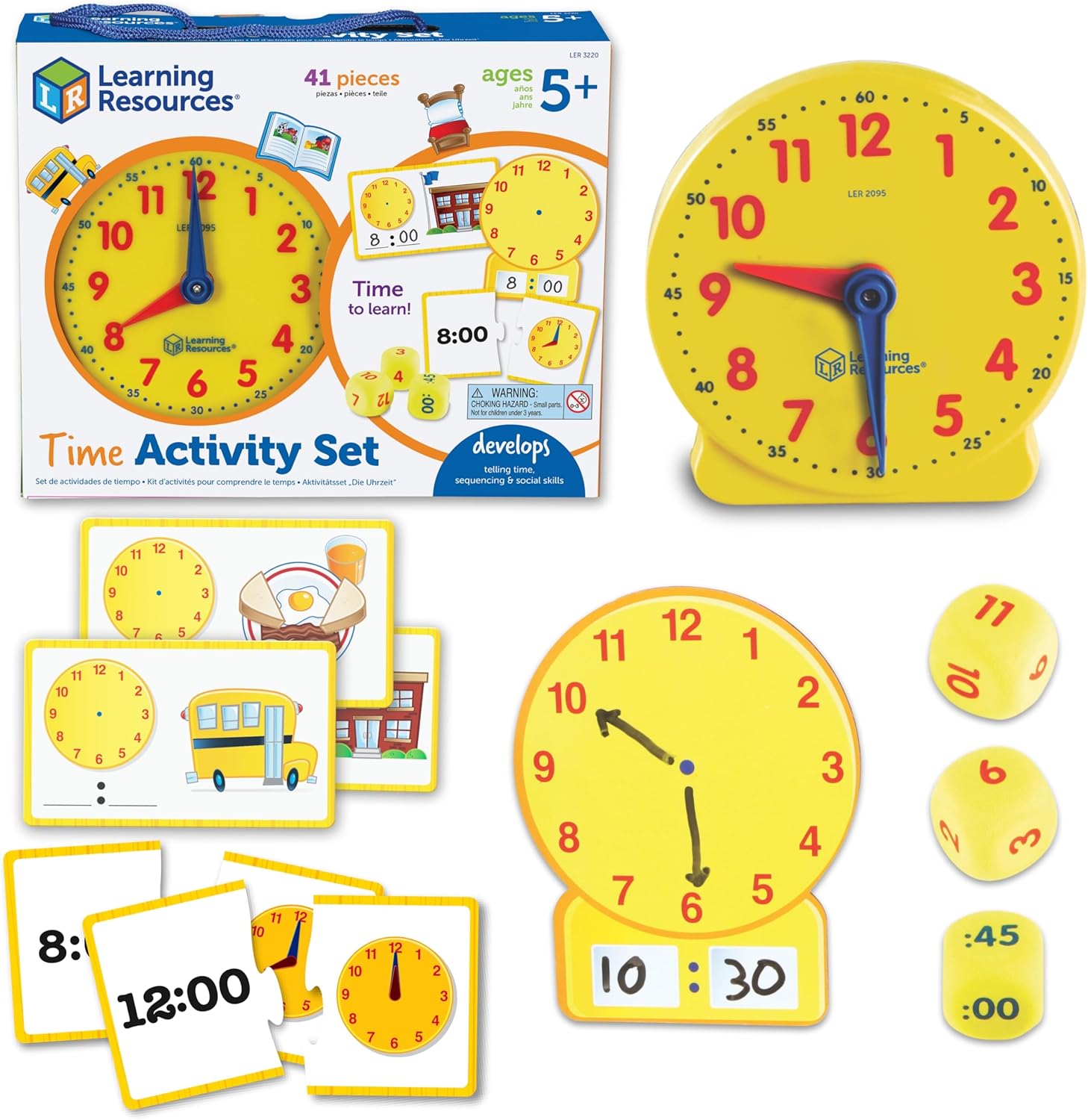 Learning Resources Time Activity Set front view showing yellow teaching clock and educational cards