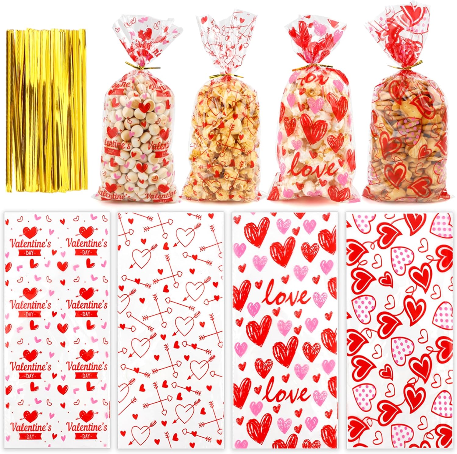ChicQuench Evechole Valentines Cellophane Treat Bags front view showing red heart patterns filled with candies.
