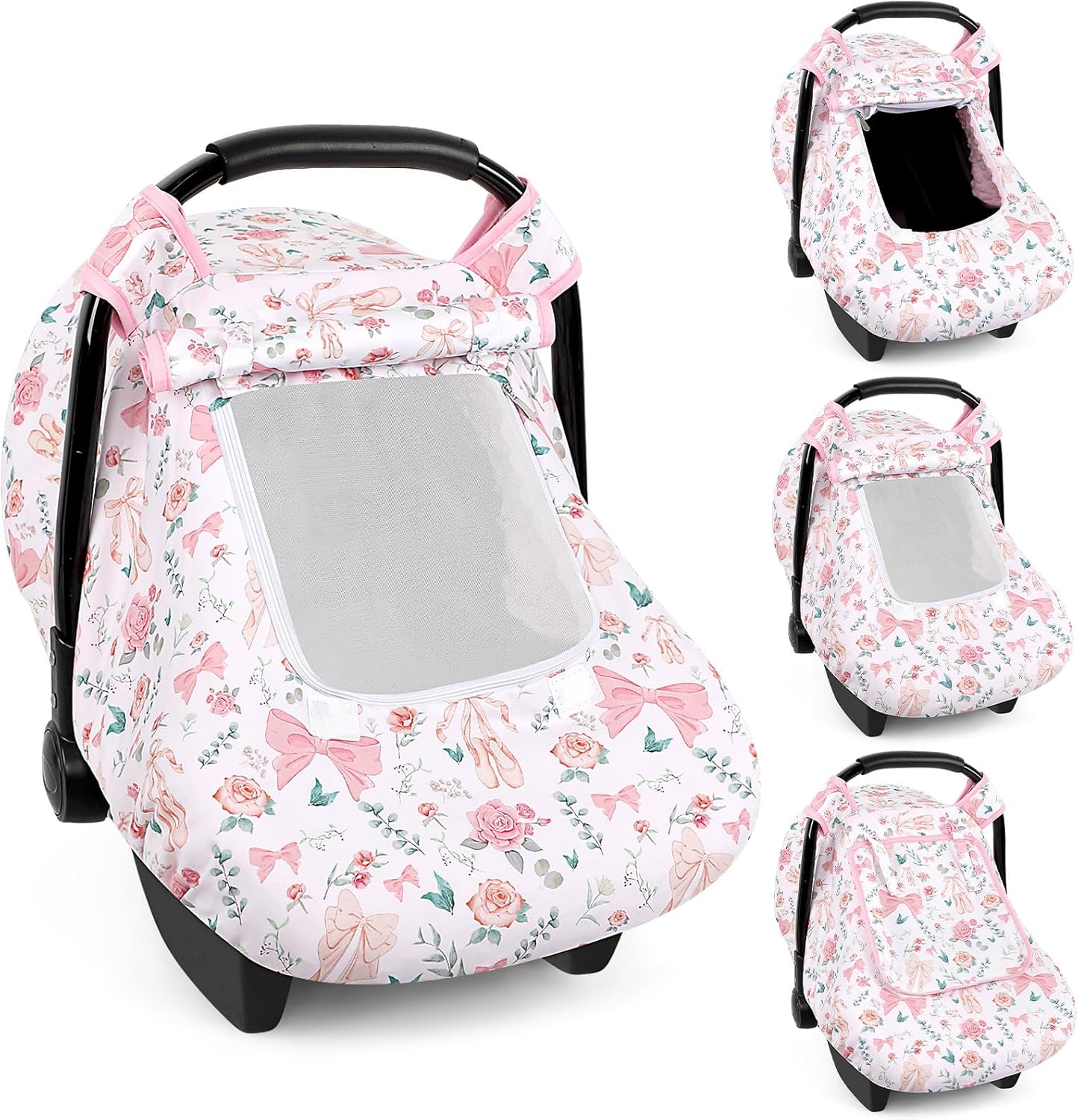 Sweetwavet baby car seat cover front view showing pink floral pattern