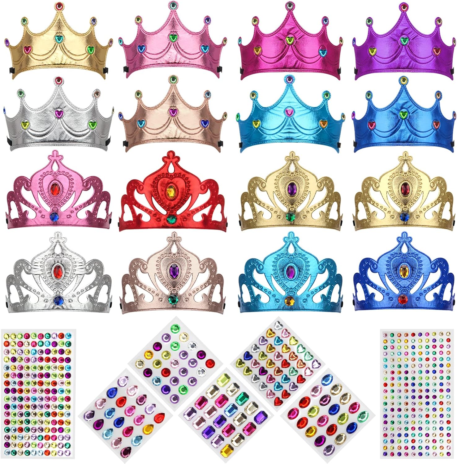 AHIER 23 Pieces Foam Crowns Set featuring colorful non-woven fabric tiara bases and sparkling diamond sticker sheets for kids birthday party crafts.