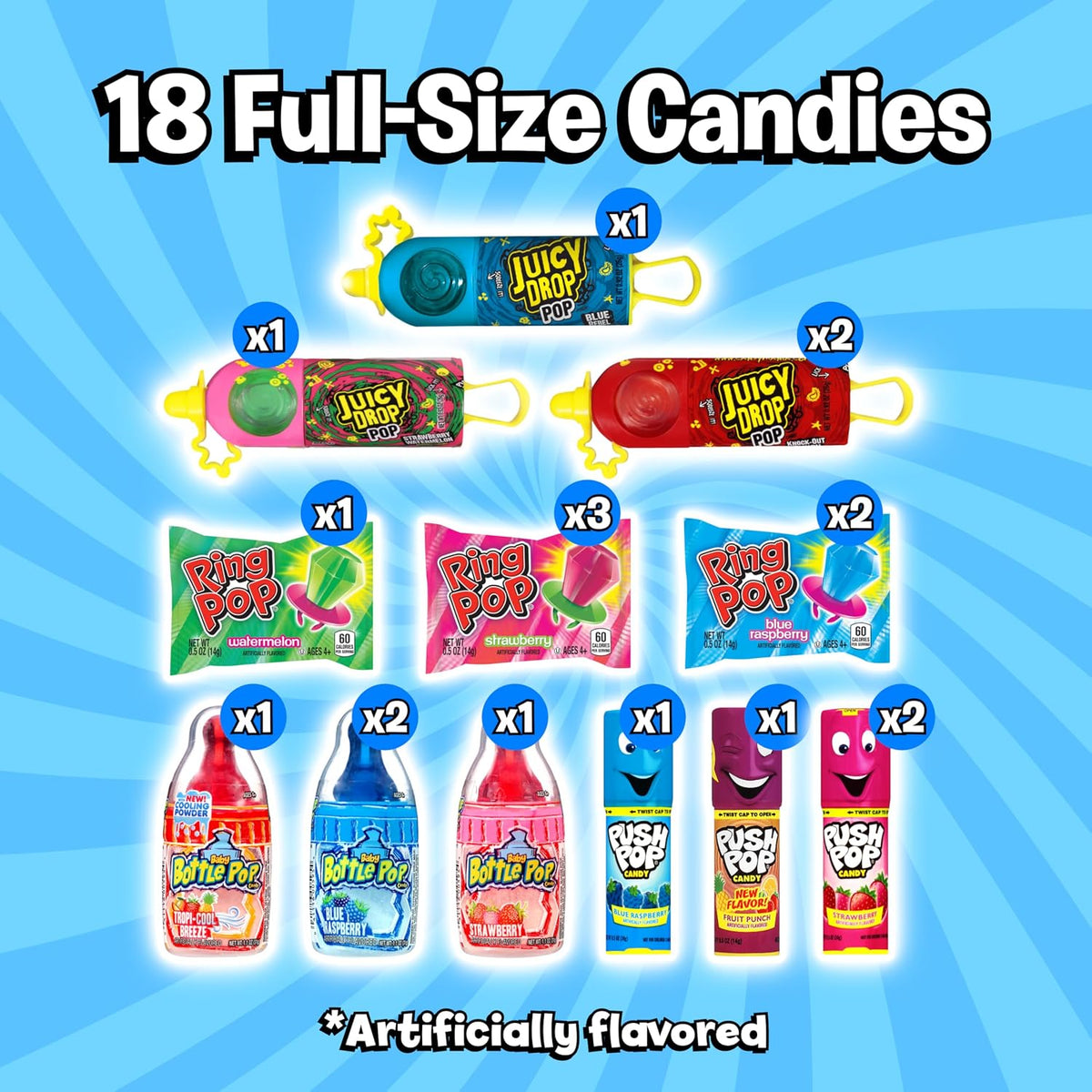 Baby Bottle Pop and Juicy Drop hard candies in mixed fruit flavors