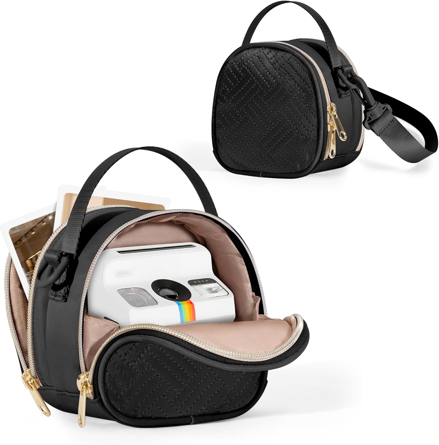 Prokva mini camera bag front view in black color featuring quilted design and gold zippers