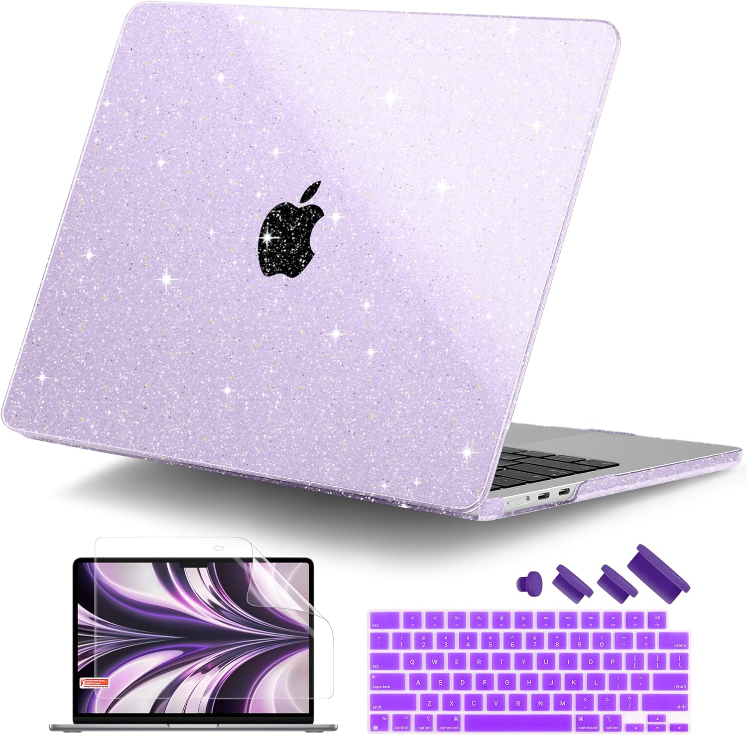 DONGKE glitter bling star purple hard shell case front view showcasing sparkly finish on thirteen inch laptop