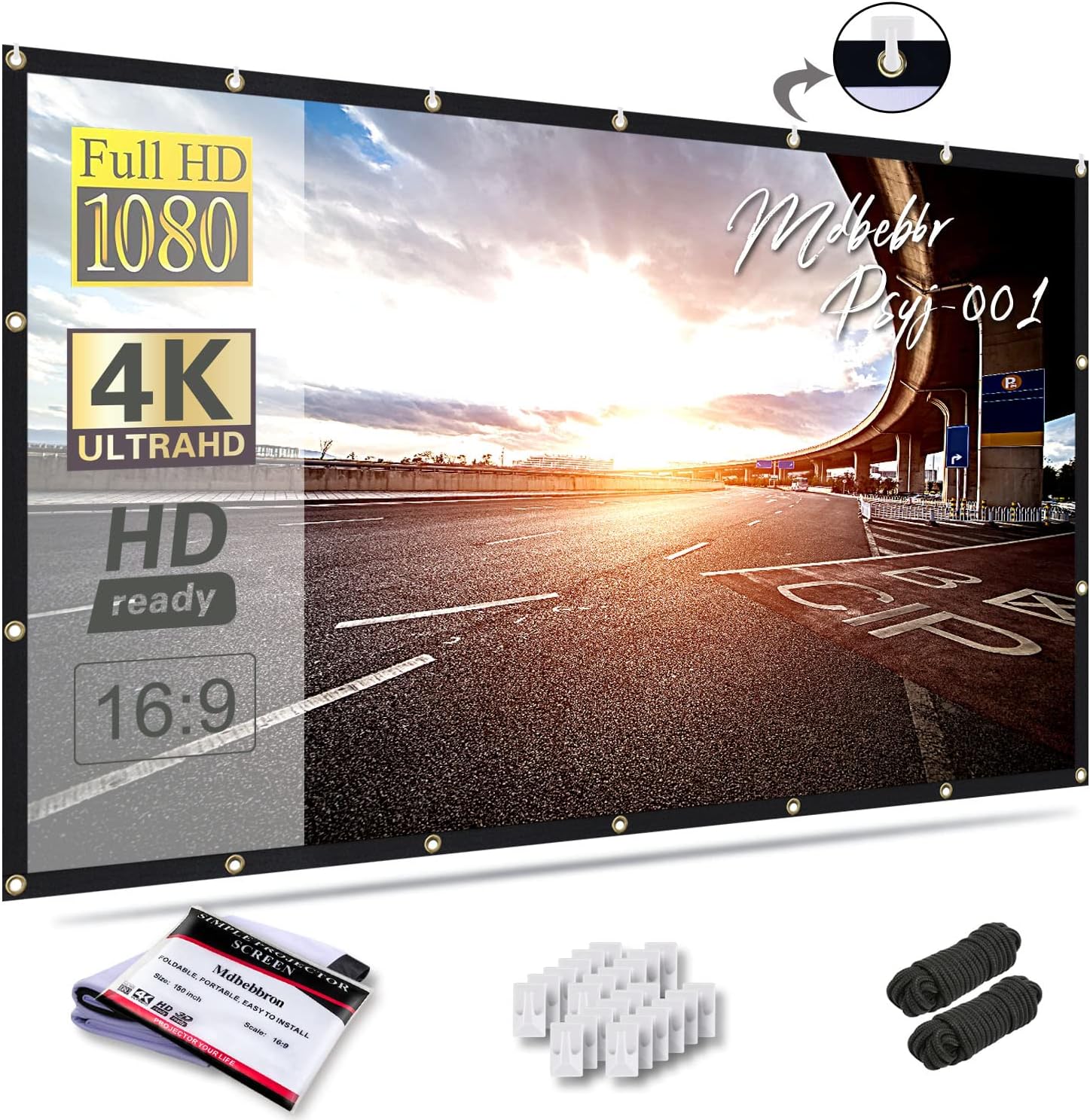 Mdbebbron 150 inch projection screen front view showcasing crisp 16:9 widescreen movie display setup