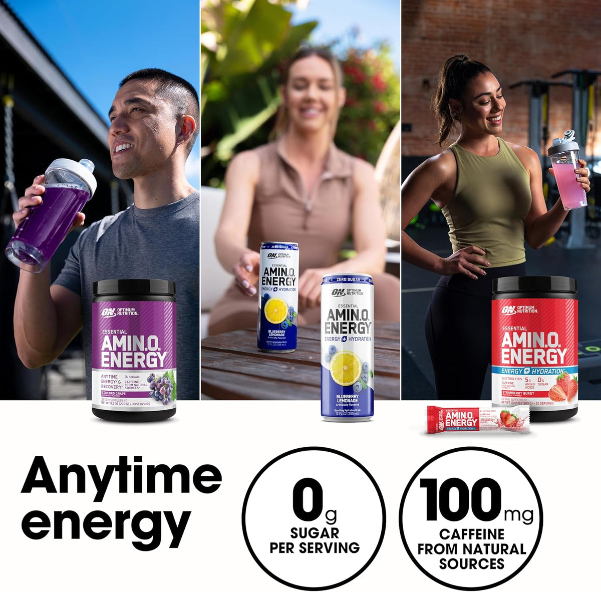 Optimum Nutrition Essential Amino Energy sixty five servings tub tracking barcode and product safety symbols close up