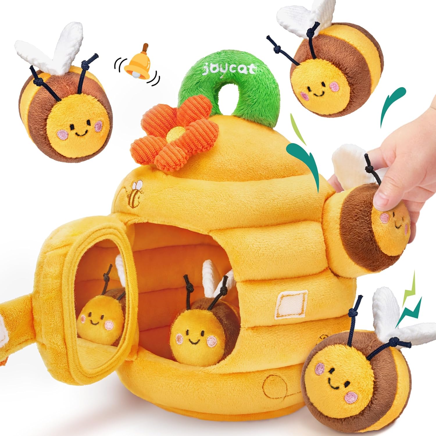 JoyCat baby beehive sensory toy front view with five stuffed bees