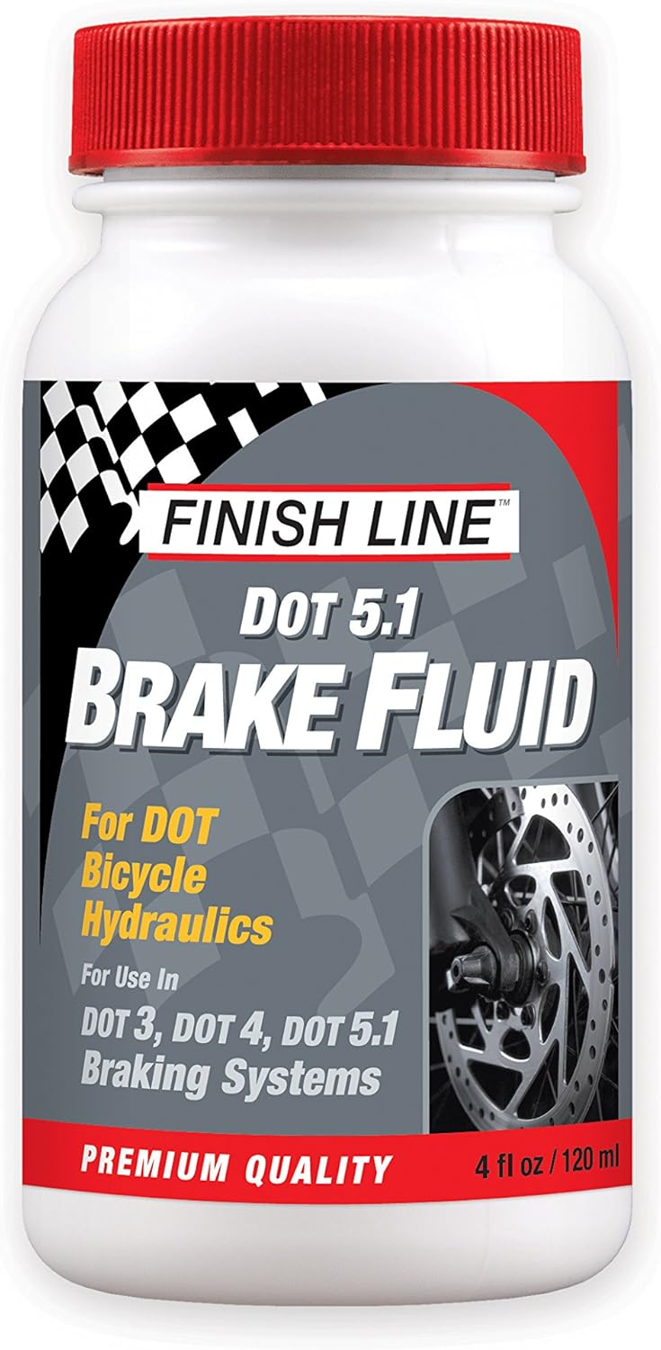 Finish Line High Performance DOT 5.1 Bicycle Brake Fluid 4 Ounce bottle front view showing premium low viscosity synthetic hydraulic fluid.