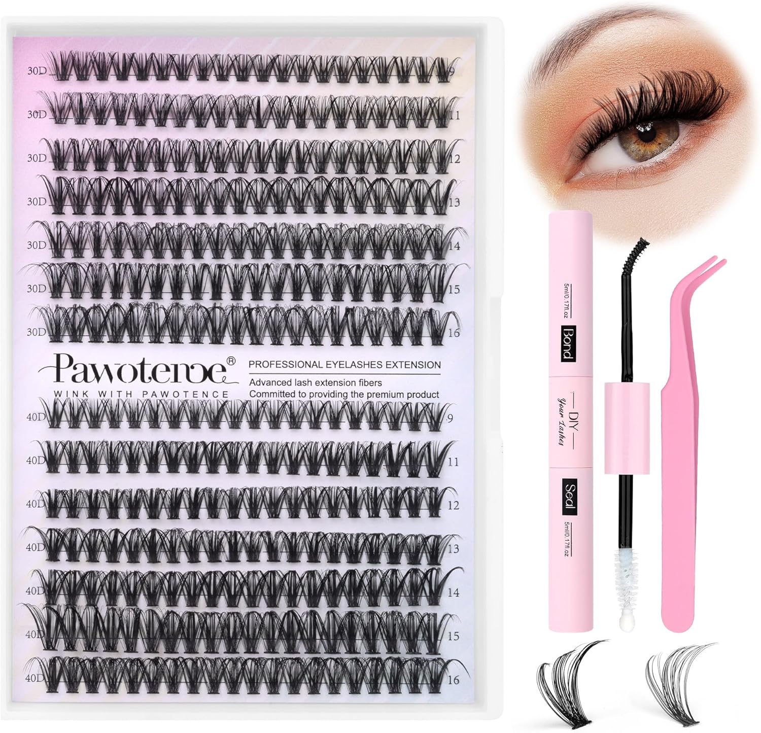 Pawotence DIY lash extension kit with 280 cluster lashes front view