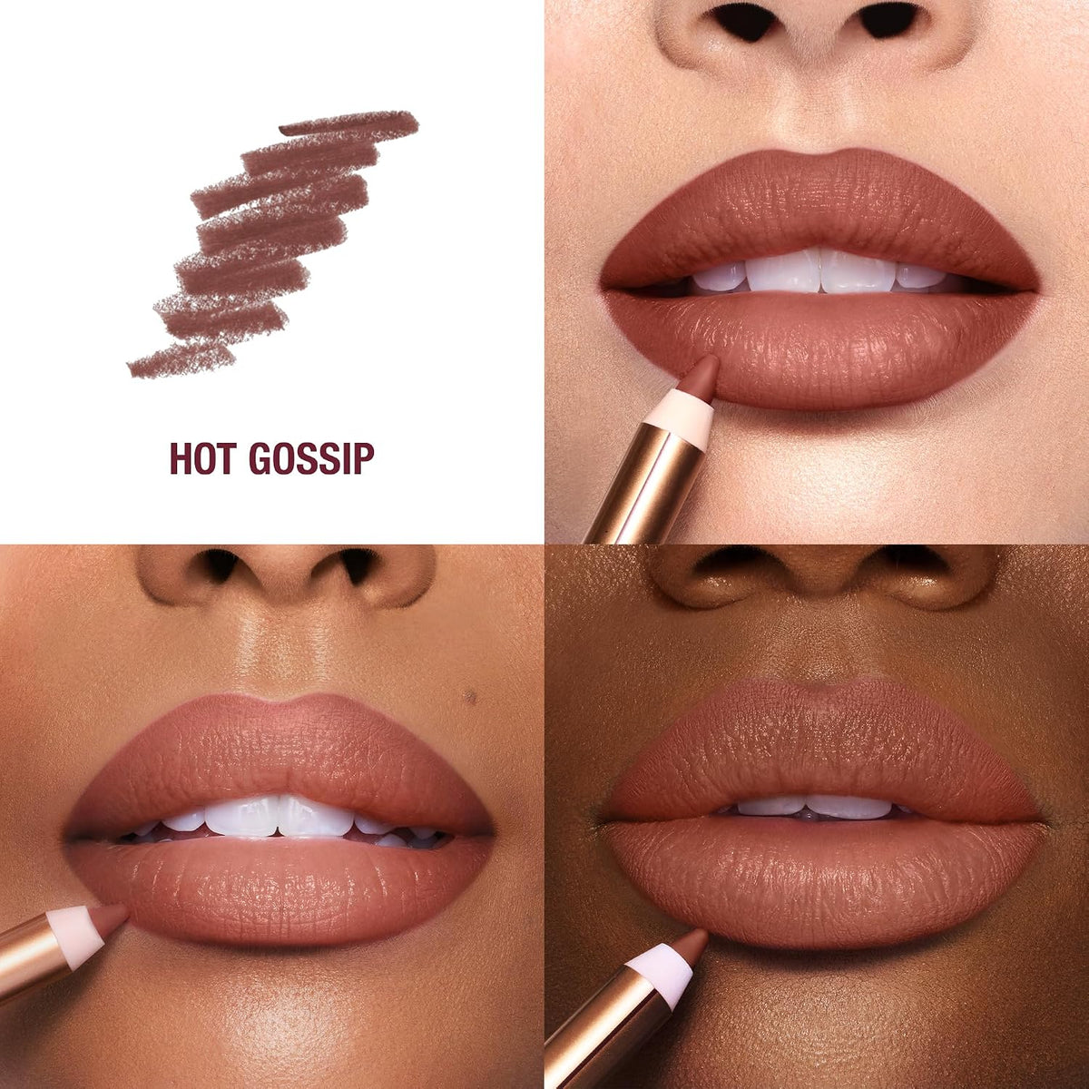 Charlotte Tilbury Lip Cheat rose gold pencil swatched on hand showing tawny rose pink shade