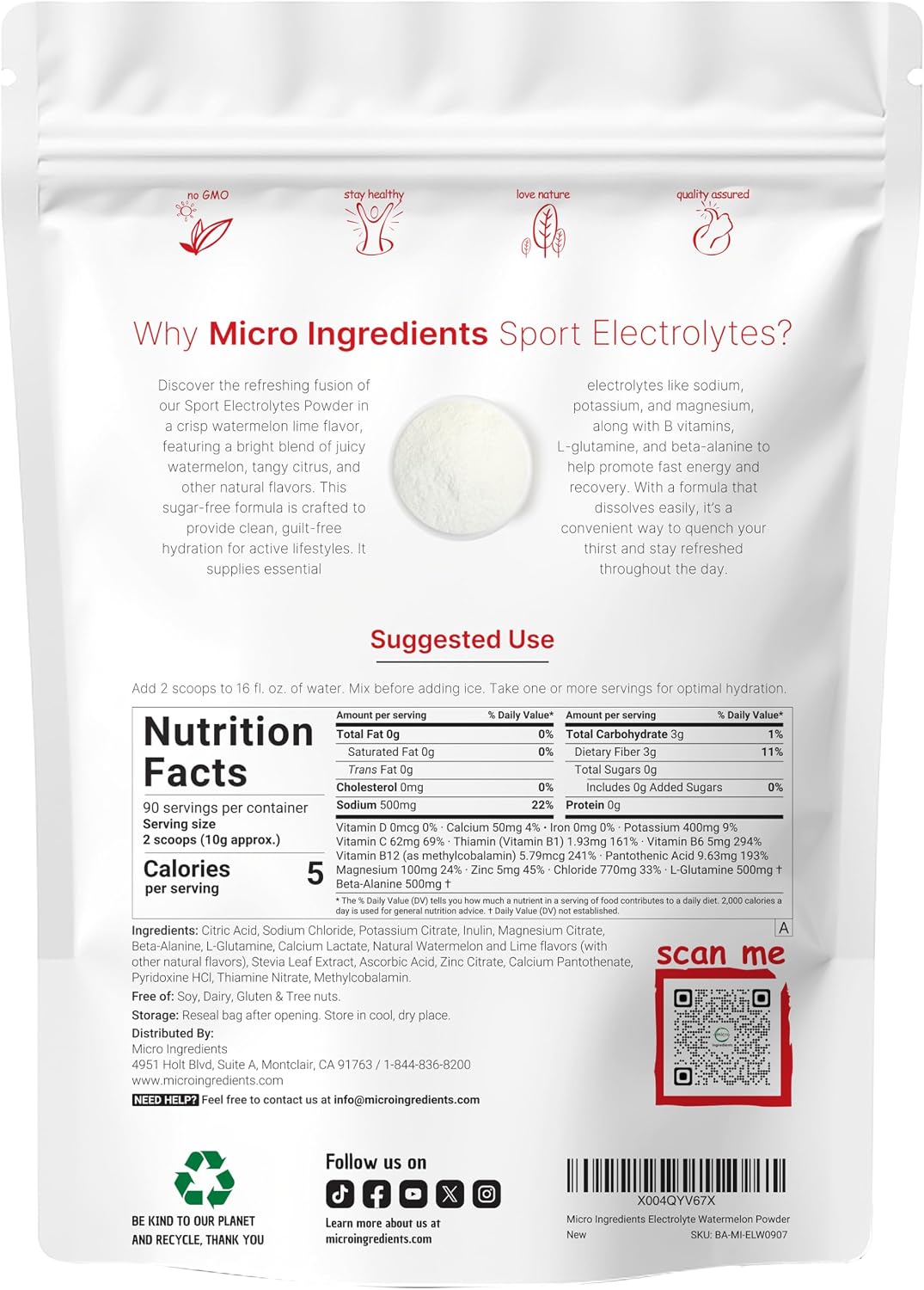 Micro Ingredients watermelon lime electrolytes powder nutritional panel