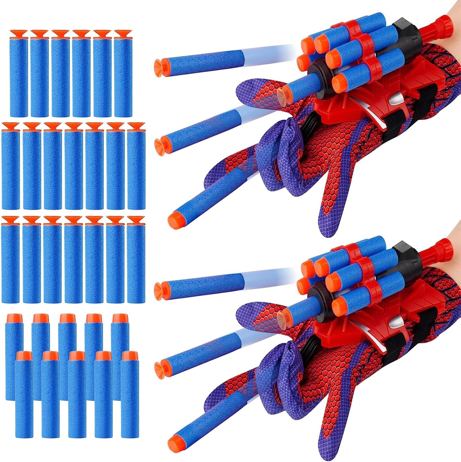 YUETIANE spider web shooters set front view featuring red and blue gloves and wrist launchers for kids
