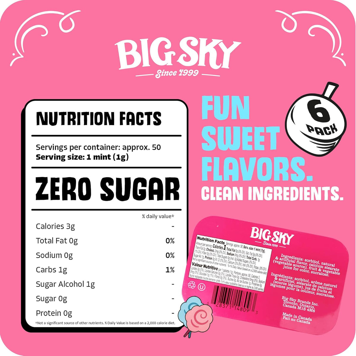 Big Sky sugarless cotton candy flavored breath mints pack of six display tray.
