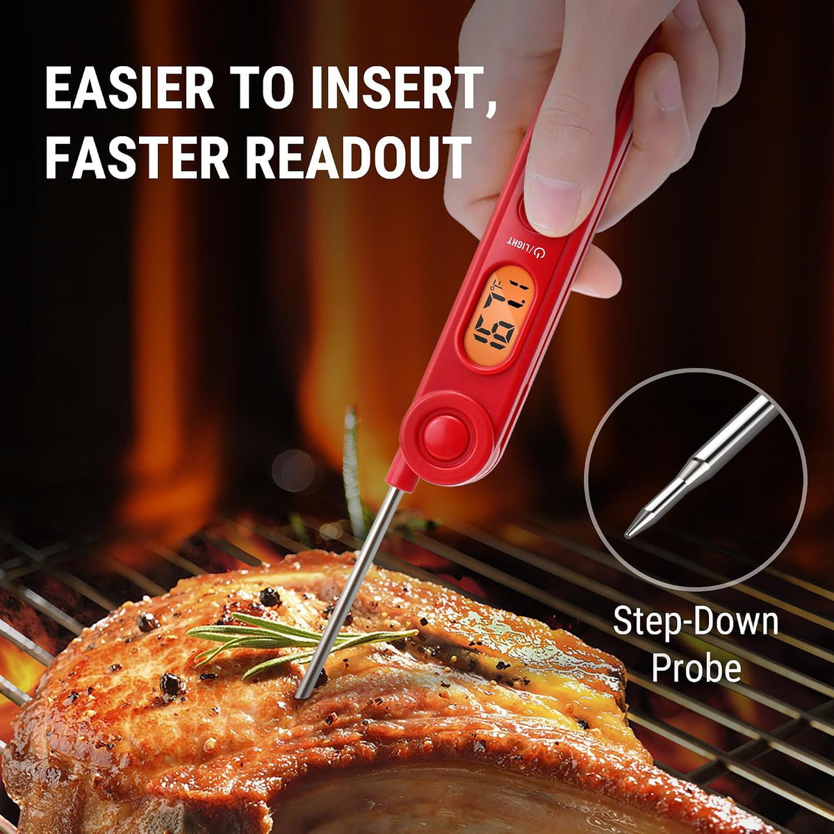 TempPro cooking thermometer attached via magnetic back to a refrigerator