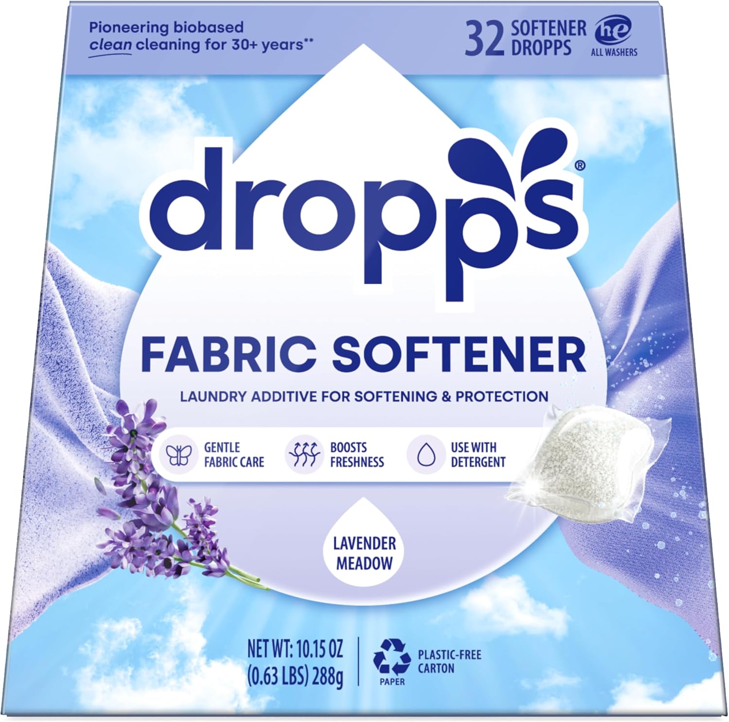 Dropps Lavender Meadow Fabric Softener Pods front view packaging mineral based formula.