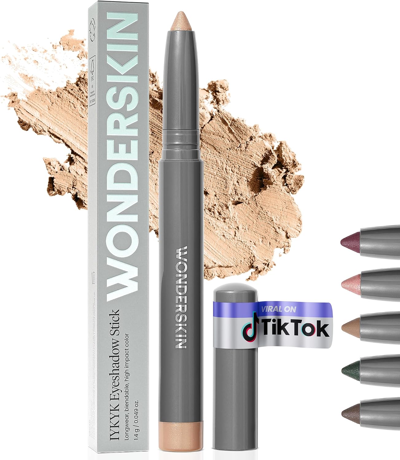 Wonderskin IYKYK Eyeshadow Stick Champagne front view of metallic packaging