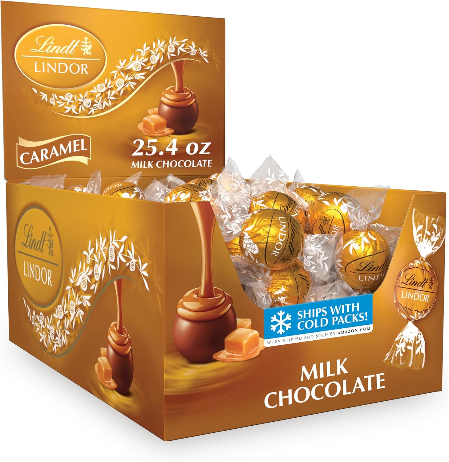 Lindt Lindor Caramel Milk Chocolate Truffles front of bulk box.