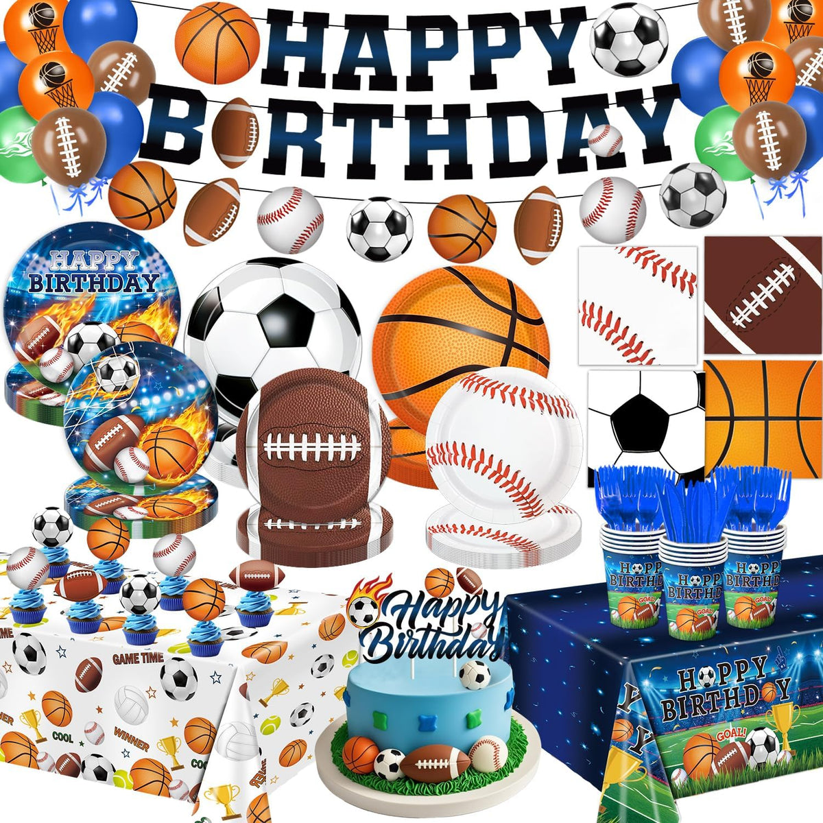Linhaxm 191 Piece Sports Birthday Party Decorations set front view
