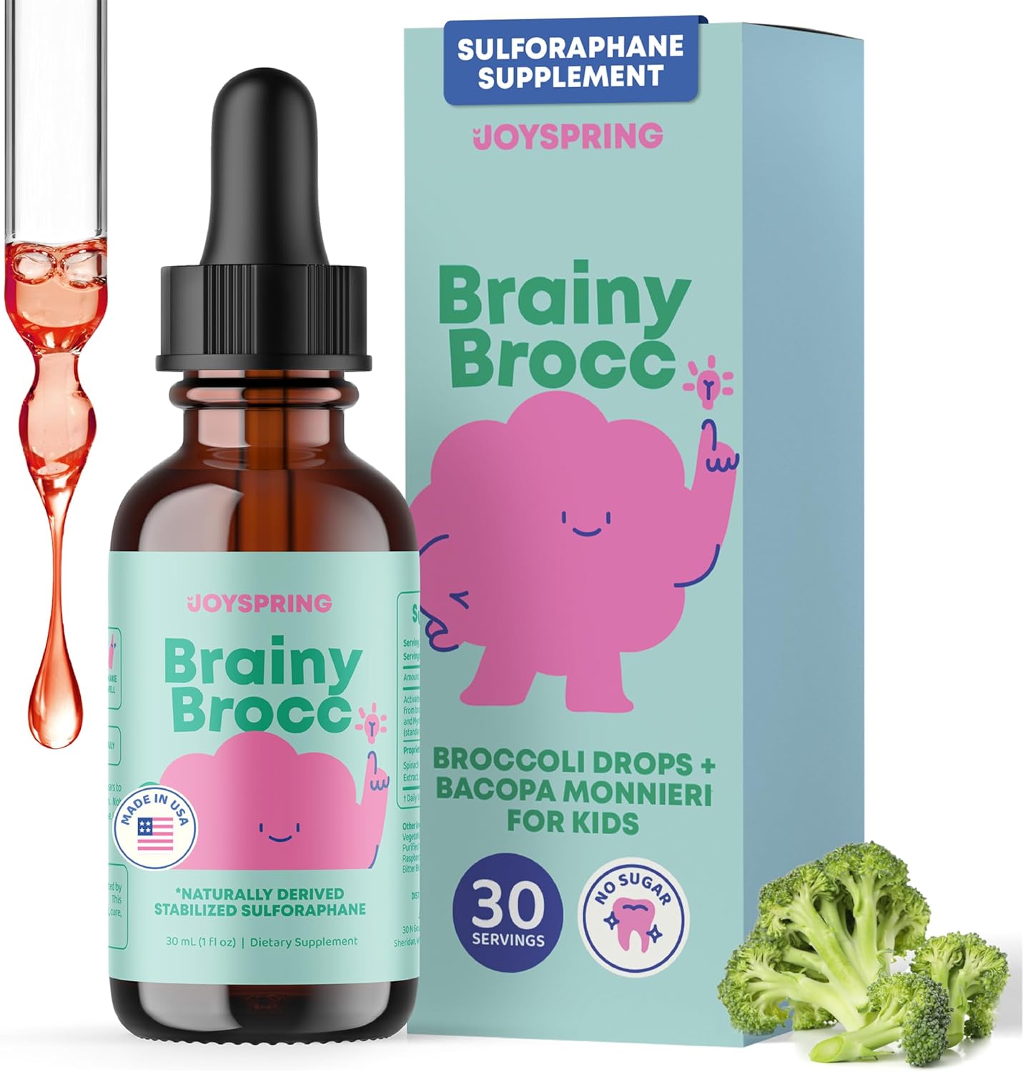 JoySpring Broccoli Supplement for Kids | Sulforaphane & Bacopa Monnieri Drops | Supports Cognitive Function | Vegan & Kid-Friendly - Image 1