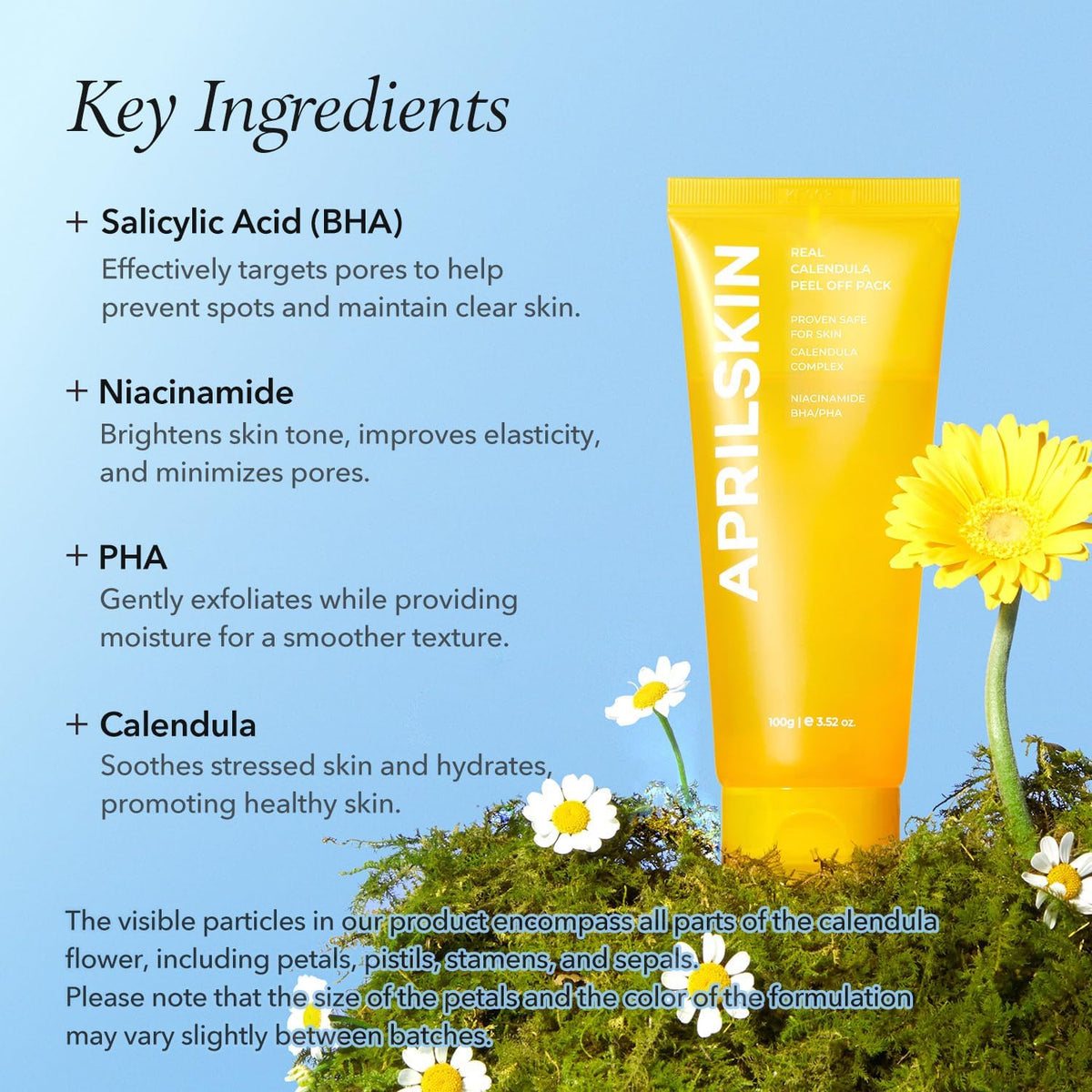 Texture shot of the yellow gel peel off mask infused with natural calendula flower petals.