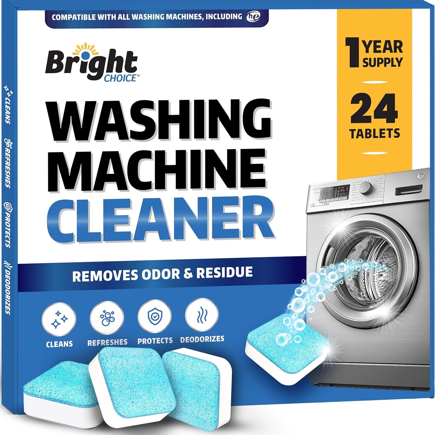 Bright Choice washing machine cleaner tablets 24 pack front view showcasing the packaging.