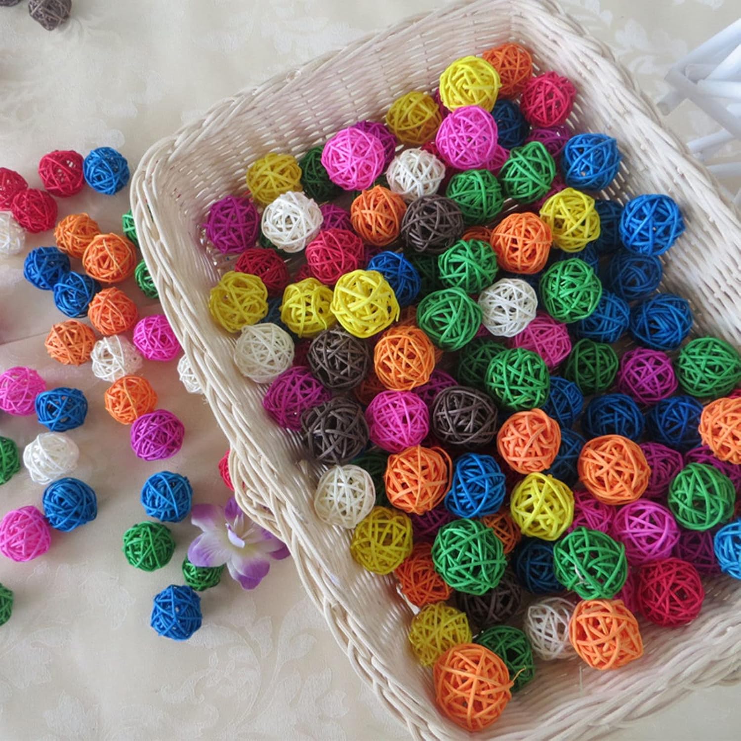LOIUGENTE parrot chew toys front view of colorful rattan wicker balls for bird cage enrichment