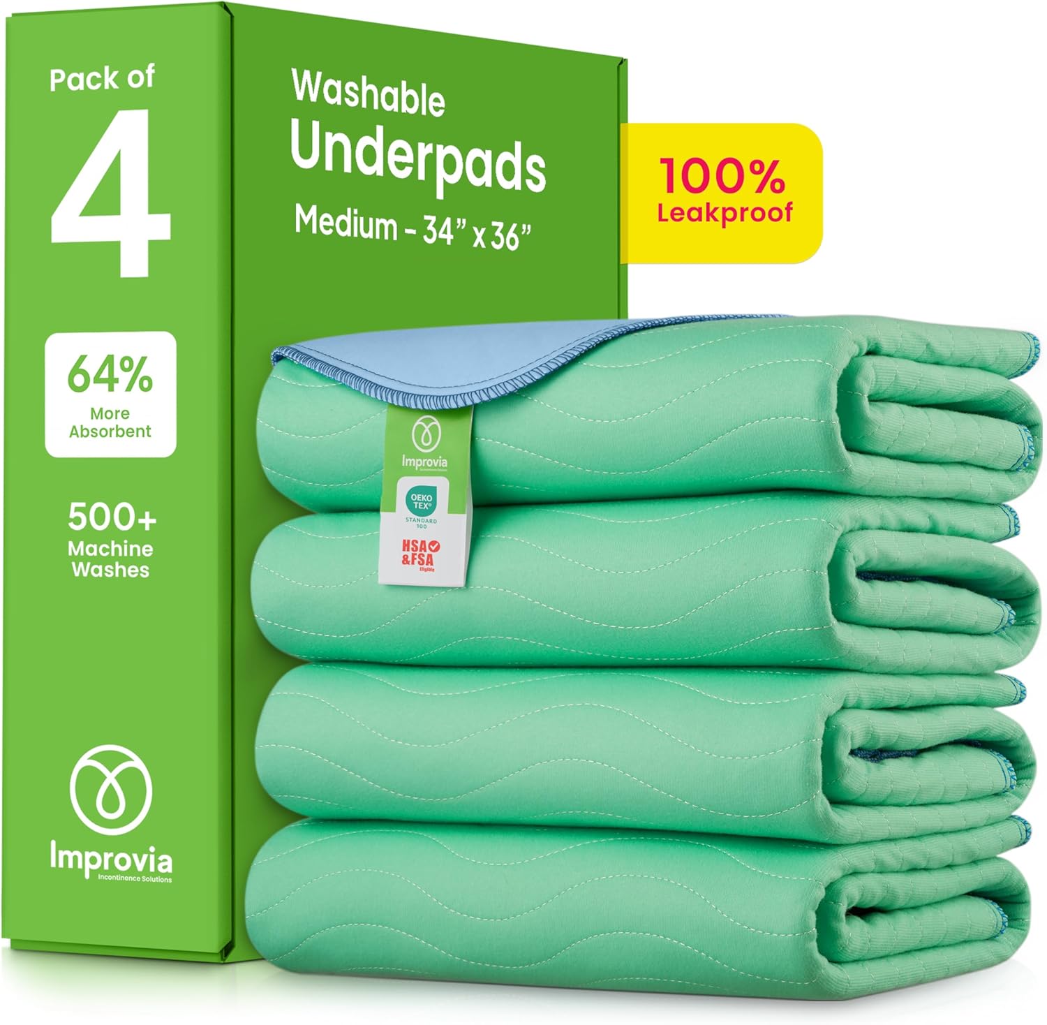 IMPROVIA® Washable Underpads, 34" x 36" (Pack of 4) - Heavy Absorbency Reusable Bedwetting Incontinence Pads for Kids, Adults, Elderly, and Pets - Waterproof Protective Pad for Bed, Couch, Sofa, Floor - Image 1