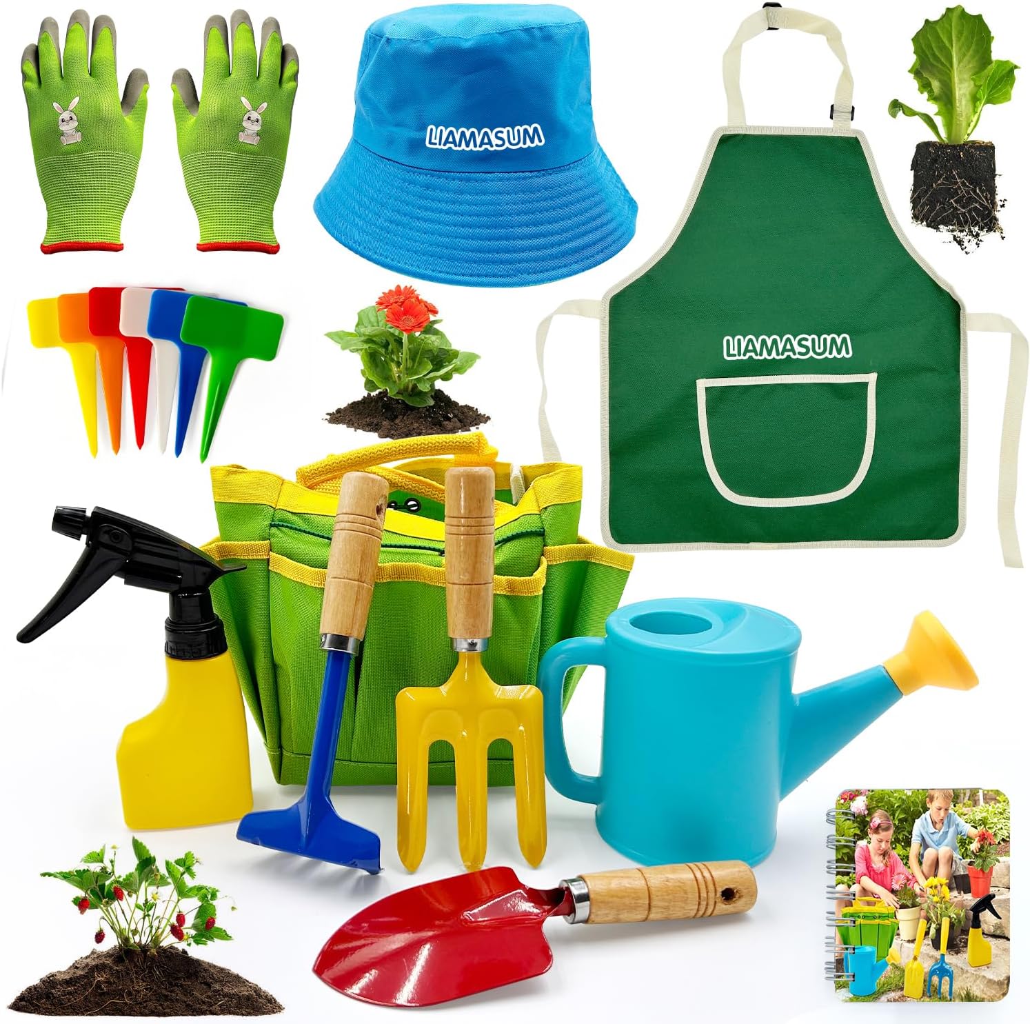 Liamasum kids gardening tools set front view with green and yellow tote bag