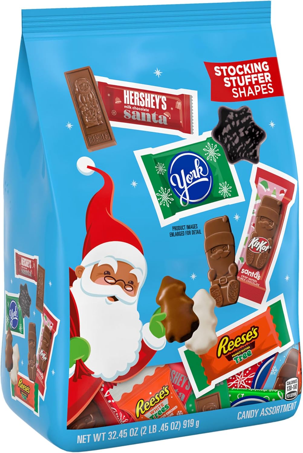 Imported Hershey Christmas chocolate assortment featuring festive Santa and tree shapes.
